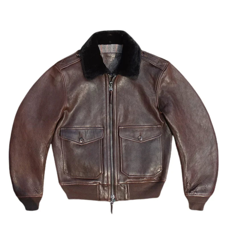 Куртка чоловіча шкіряна з хутряним коміром, коричнева